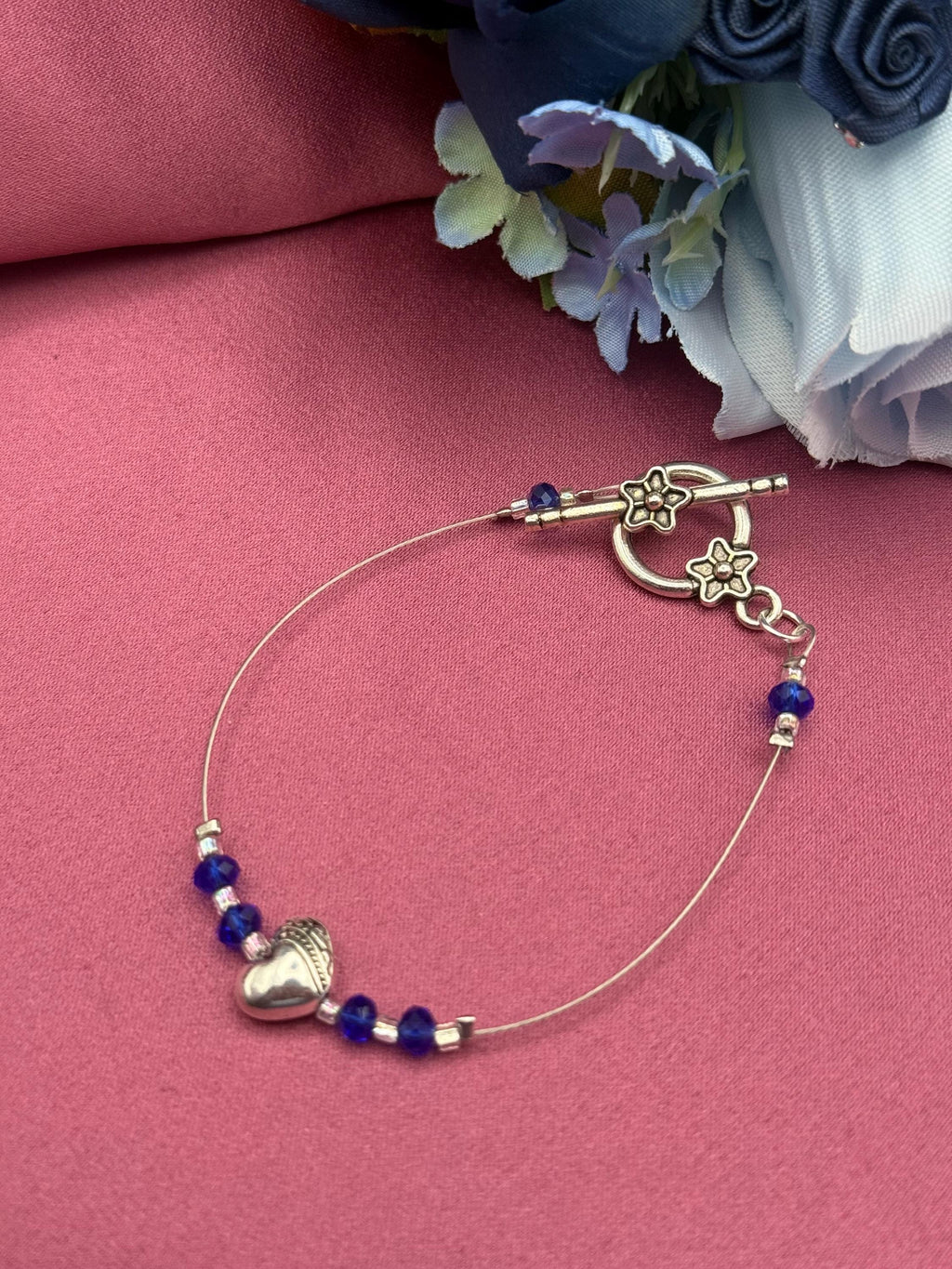 Blue Beaded Bracelet with Heart Charm | Handmade Crystal Bracelet | Gift for Her