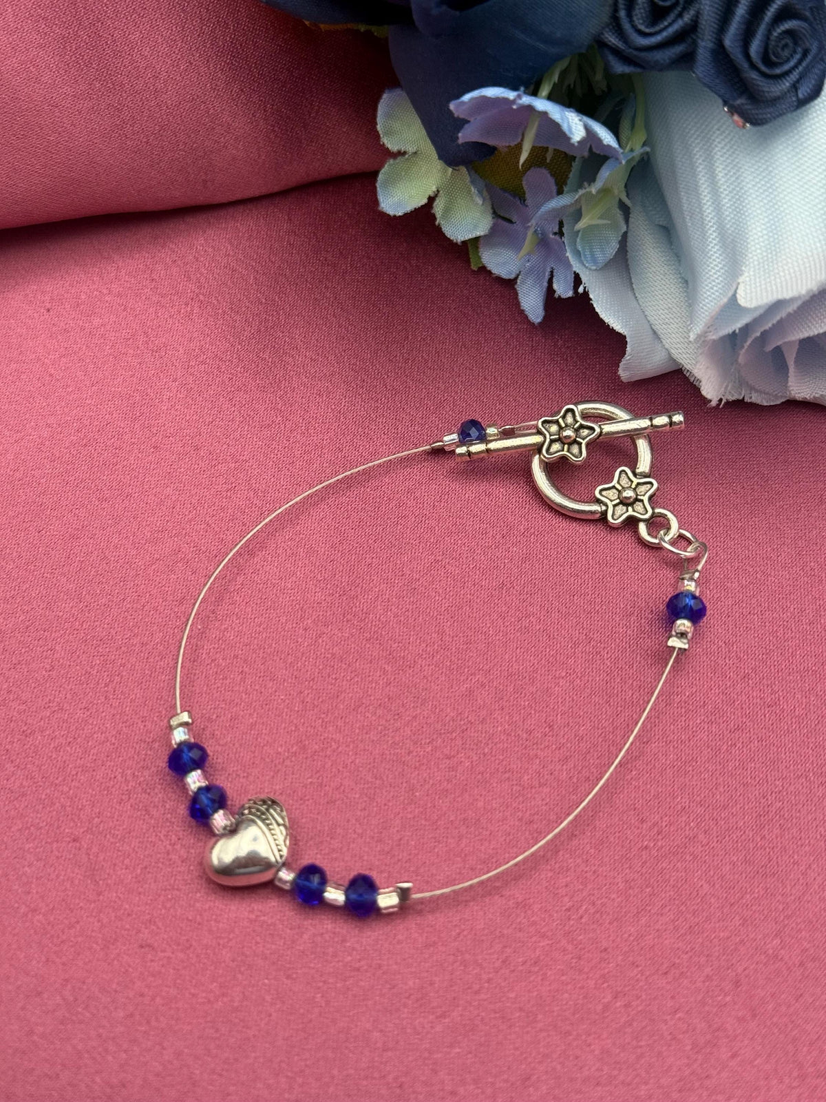 Blue Beaded Bracelet with Heart Charm | Handmade Crystal Bracelet | Gift for Her