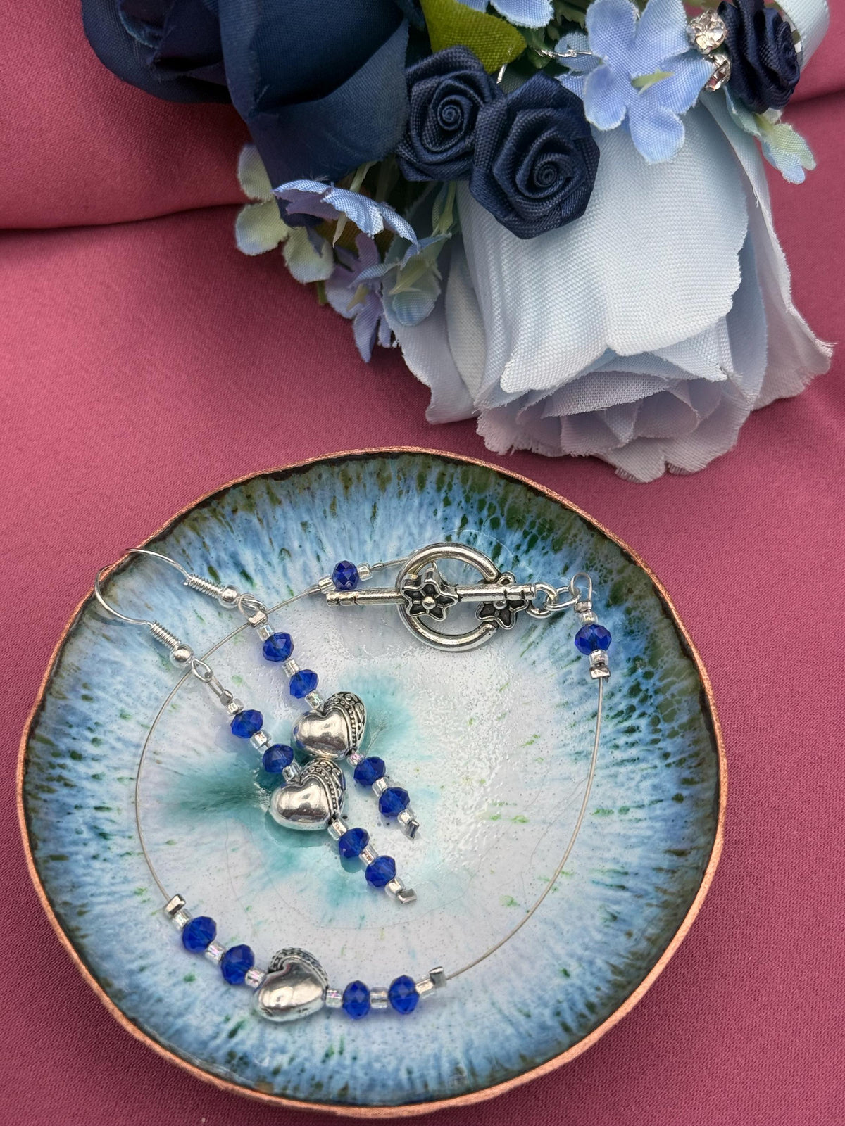 Handmade Blue Crystal Heart Jewellery Set | Necklace, Bracelet, Earrings | Silver-Tone Romantic UK