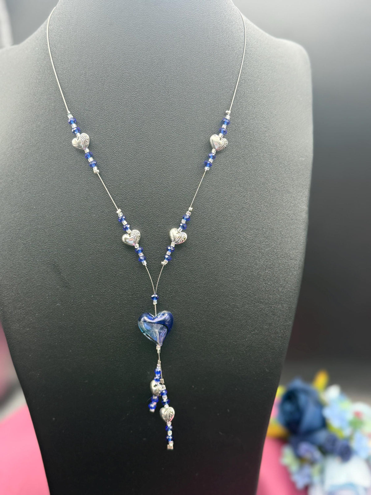 Blue Heart Crystal Beaded Necklace | Silver-Tone Charm Pendant, Handmade Everyday Jewelry