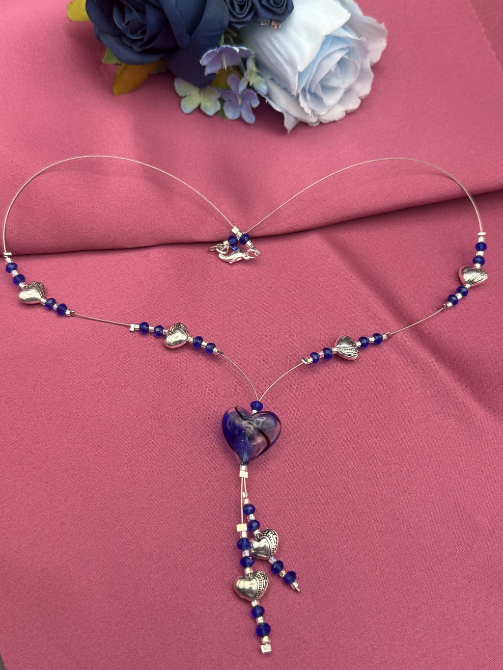 Handmade Blue Crystal Heart Jewellery Set | Necklace, Bracelet, Earrings | Silver-Tone Romantic UK