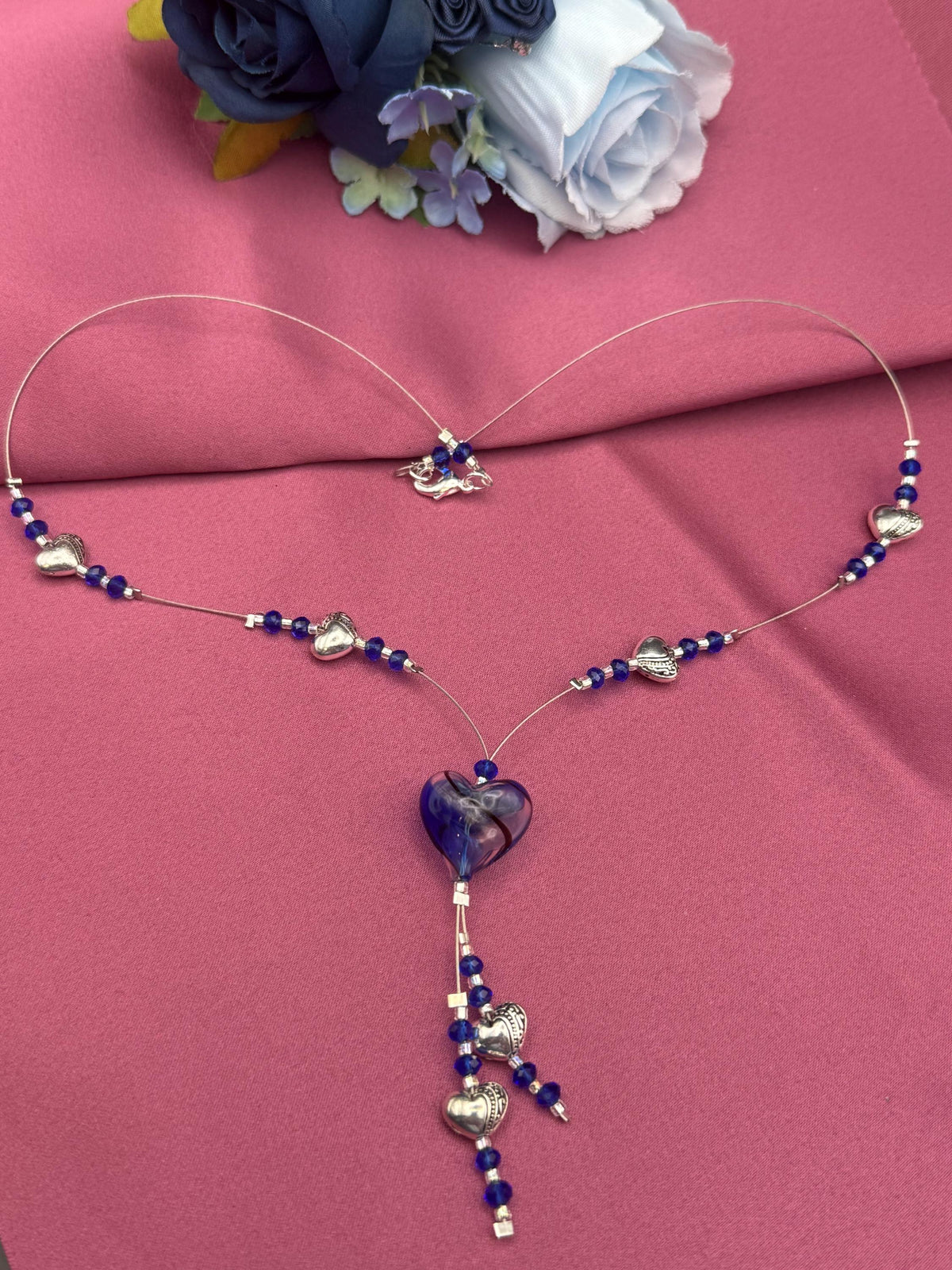 Handmade Blue Crystal Heart Jewellery Set | Necklace, Bracelet, Earrings | Silver-Tone Romantic UK