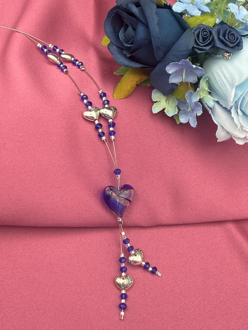 Blue Heart Crystal Beaded Necklace | Silver-Tone Charm Pendant, Handmade Everyday Jewelry