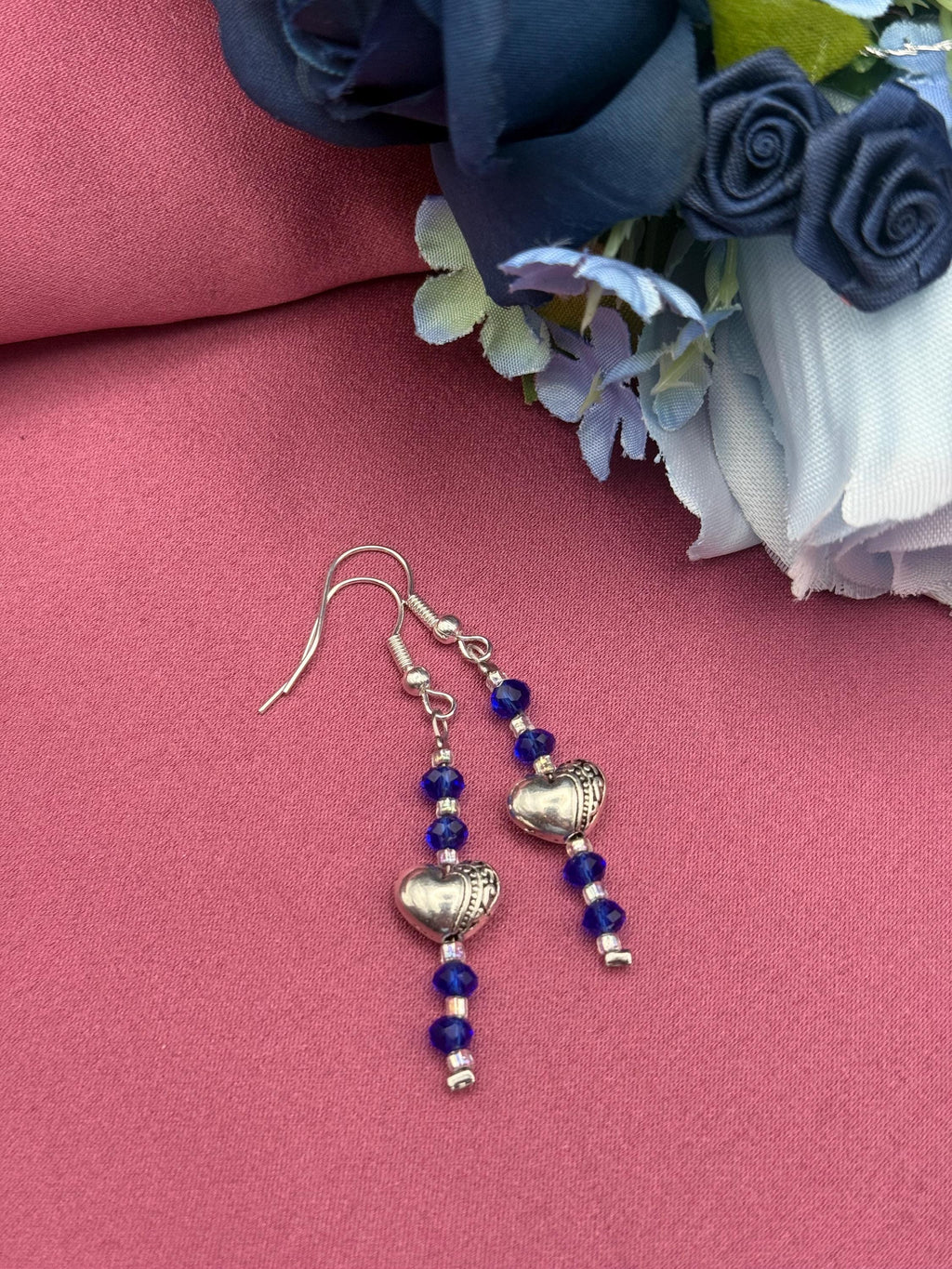 Blue Crystal Heart Drop Earrings | Silver-Tone Romantic Dangle Jewelry
