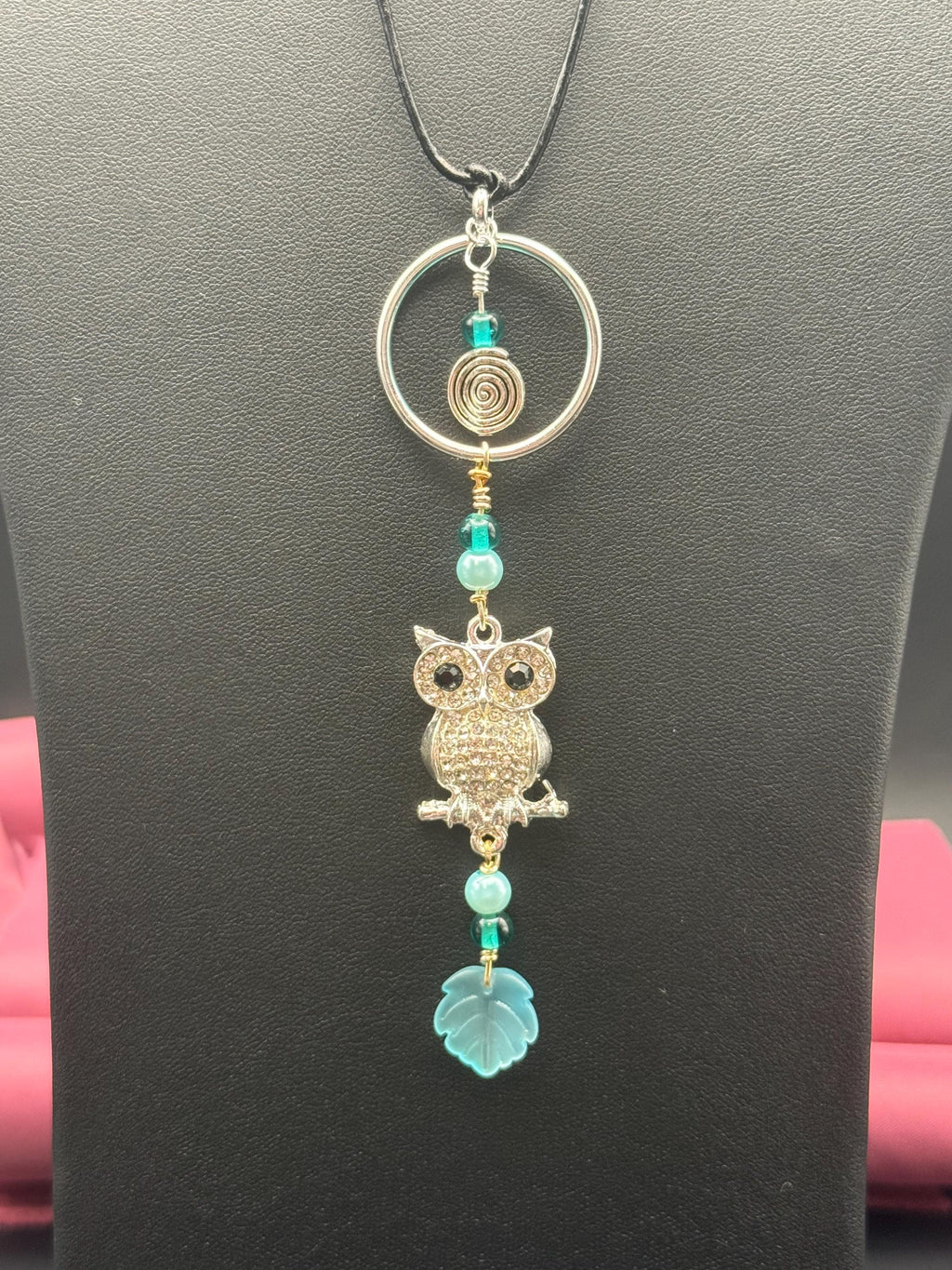 Silver-tone Owl Pendant Necklace, Blue Green Beaded, Nature Inspired Charm
