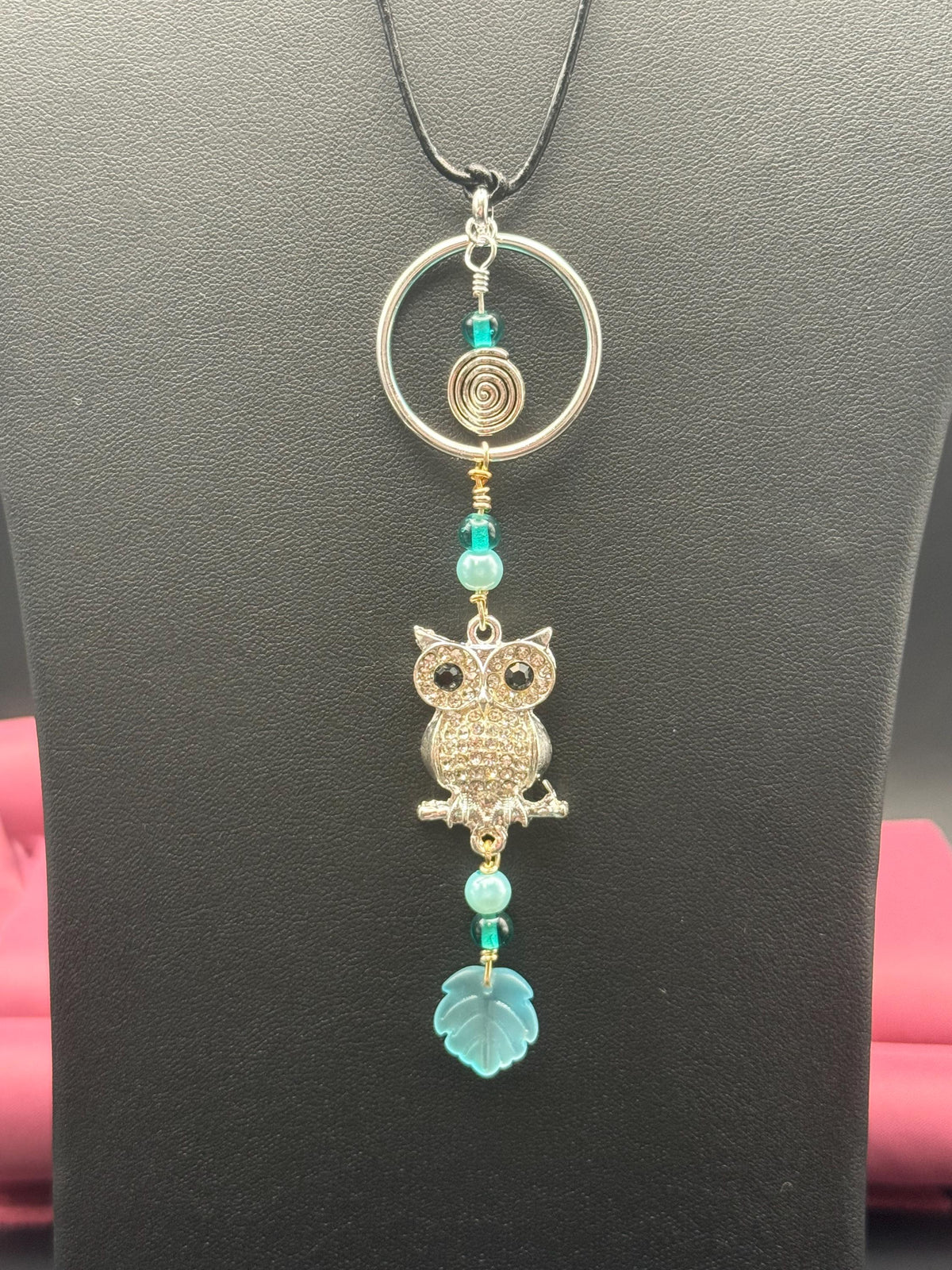 Silver-tone Owl Pendant Necklace, Blue Green Beaded, Nature Inspired Charm