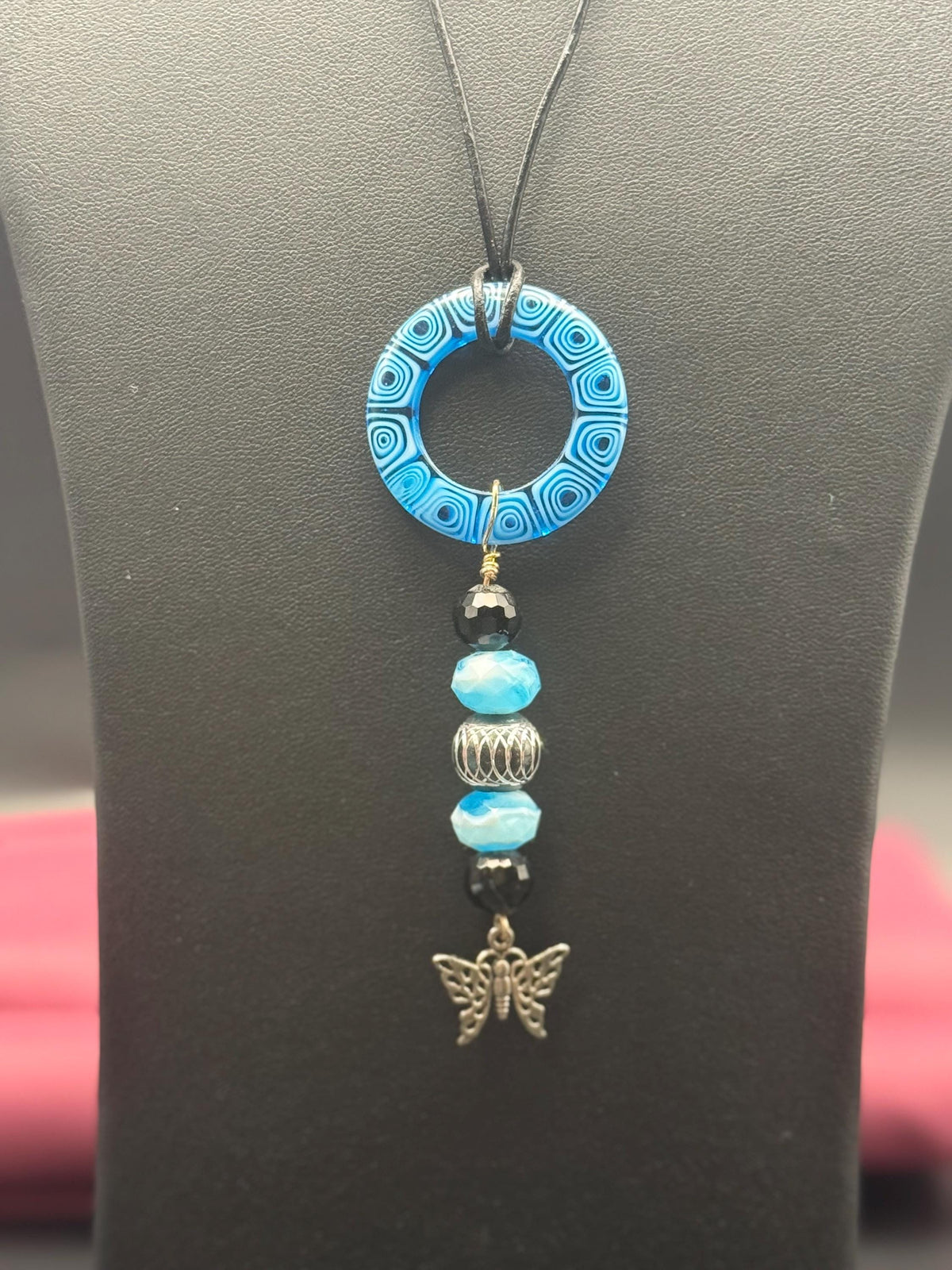 Blue Beaded Circle Pendant Necklace with Butterfly Charm