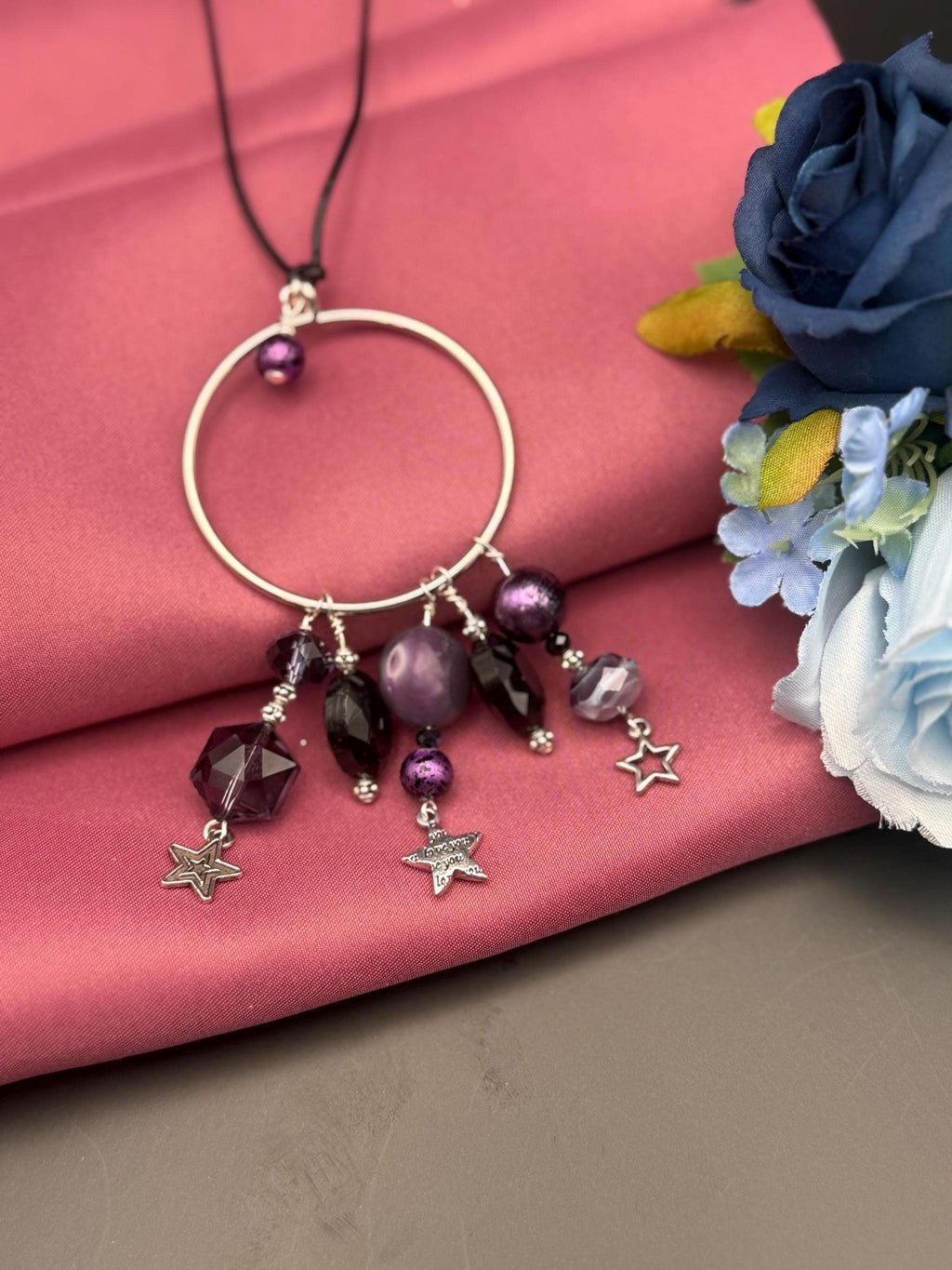 Purple Beaded Hoop Necklace, Silver-Tone Pendant, Star Charm Jewellery, Handmade UK Style