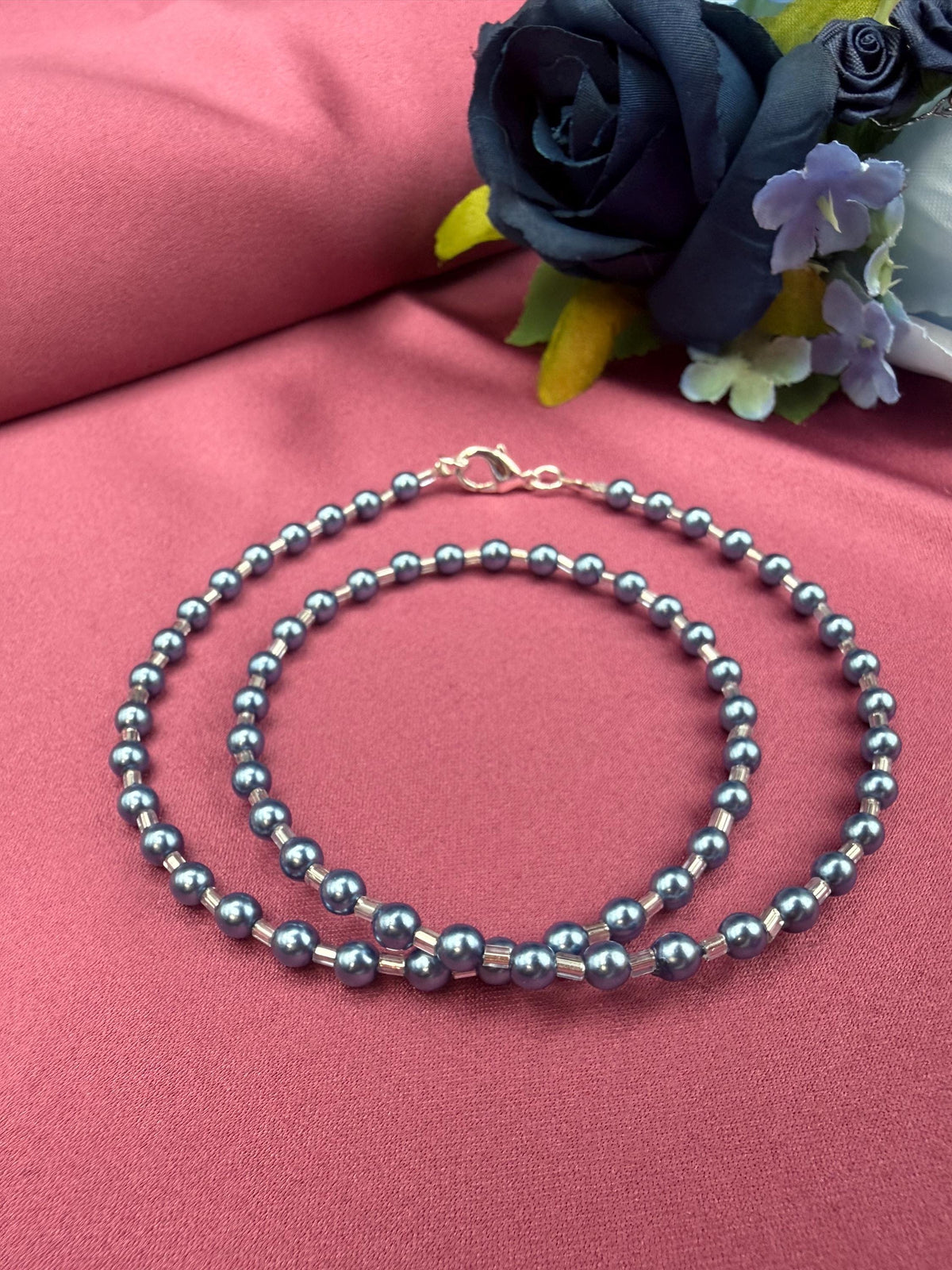 Blue Grey Pearl Necklace, Minimalist Beaded, Silver-Tone Accents, Handmade Jewellery
