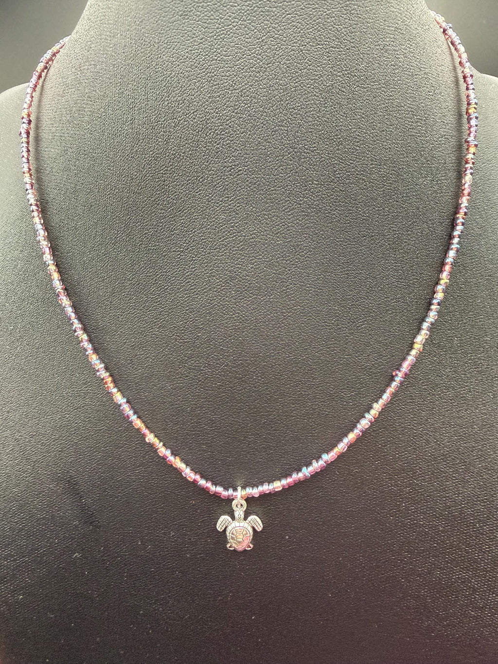 Handmade Petrol Seed Bead Turtle Charm Necklace, Nature Inspired Jewellery