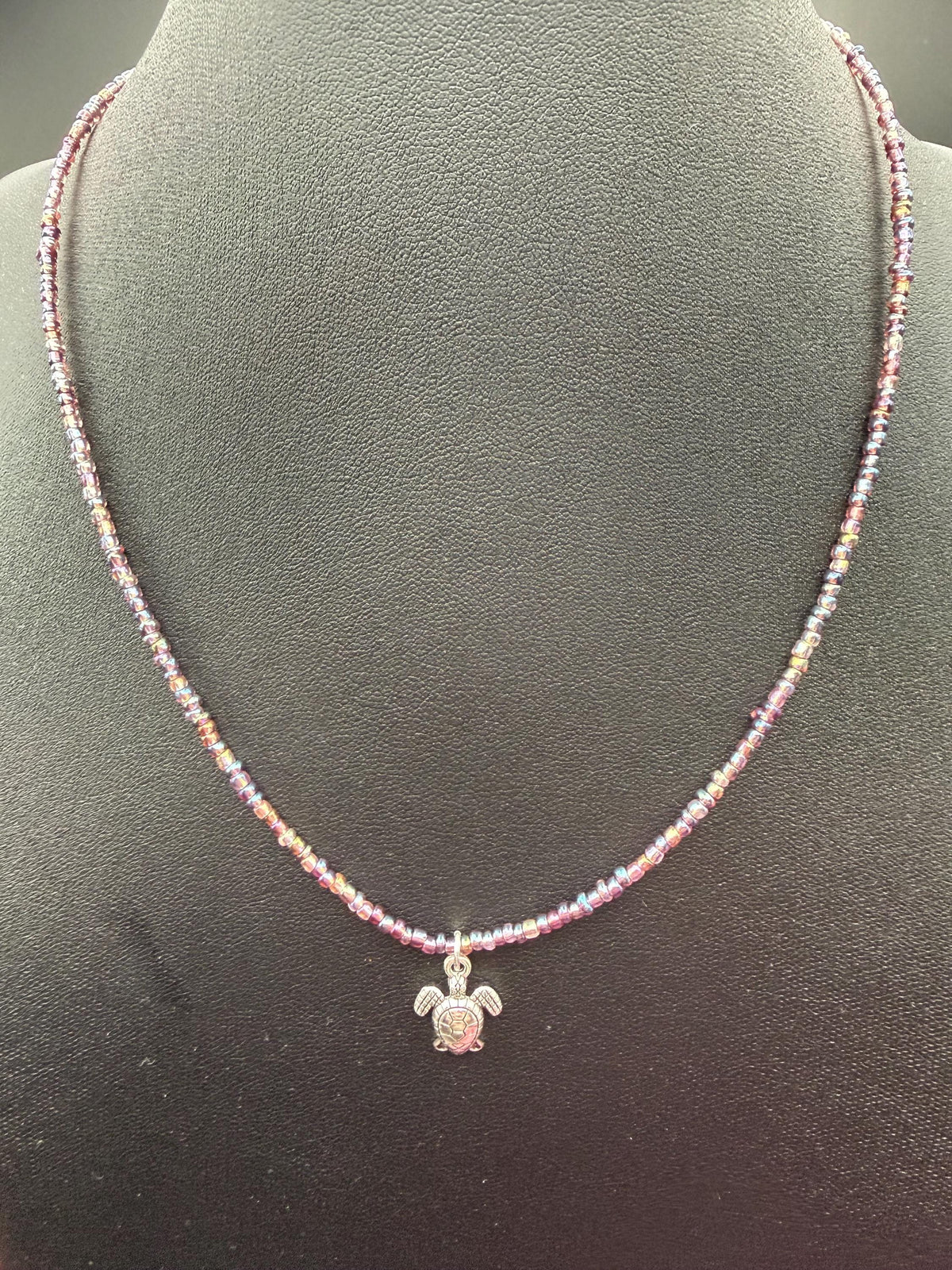 Handmade Petrol Seed Bead Turtle Charm Necklace, Nature Inspired Jewellery