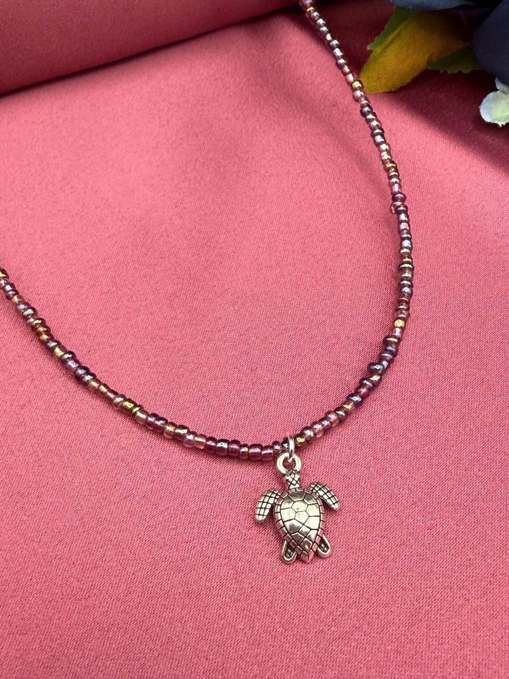 Handmade Petrol Seed Bead Turtle Charm Necklace, Nature Inspired Jewellery