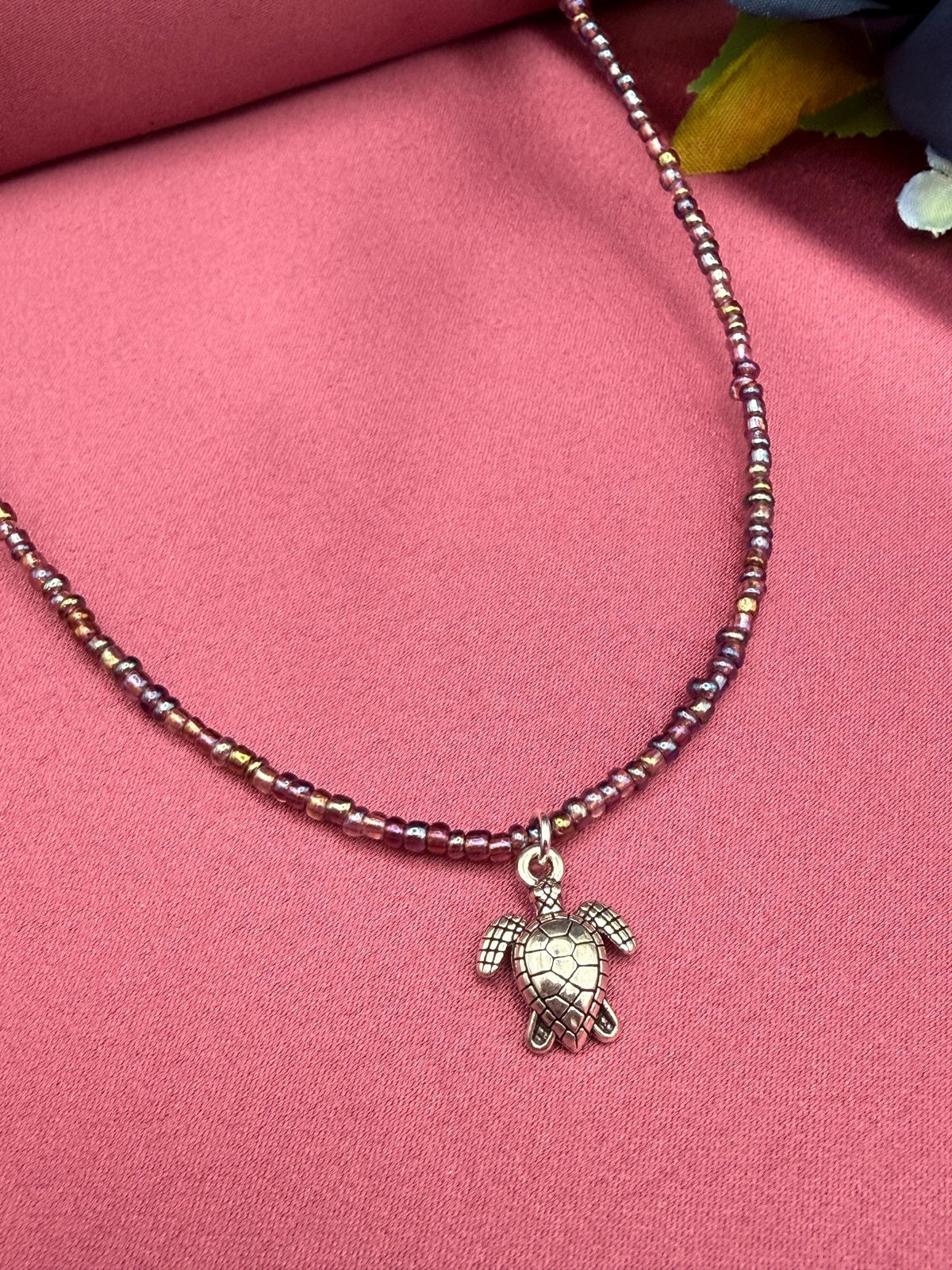 Handmade Petrol Seed Bead Turtle Charm Necklace, Nature Inspired Jewellery