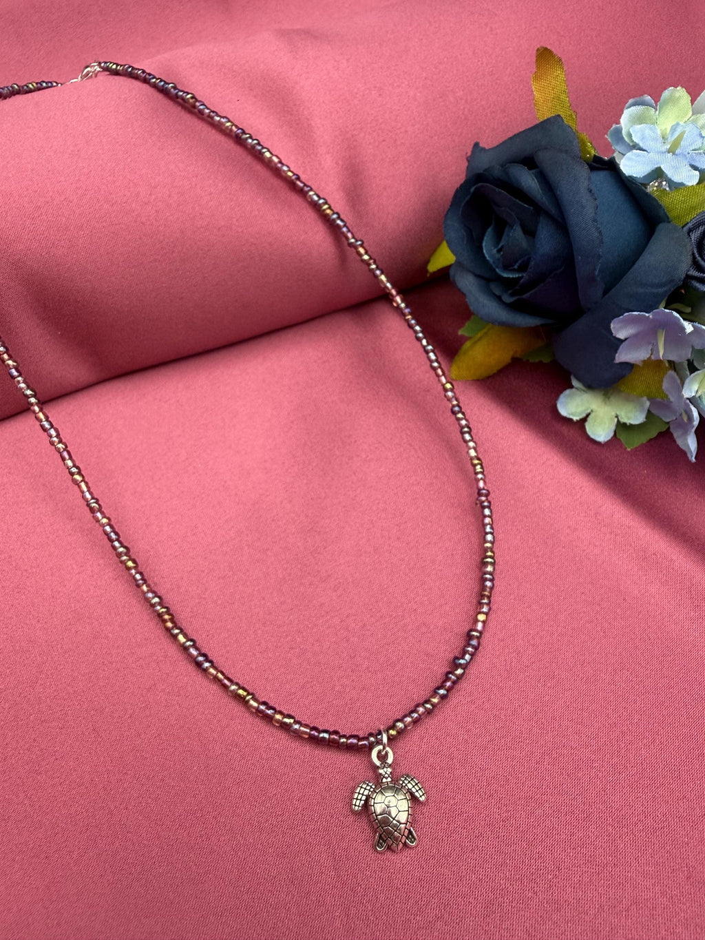 Handmade Petrol Seed Bead Turtle Charm Necklace, Nature Inspired Jewellery