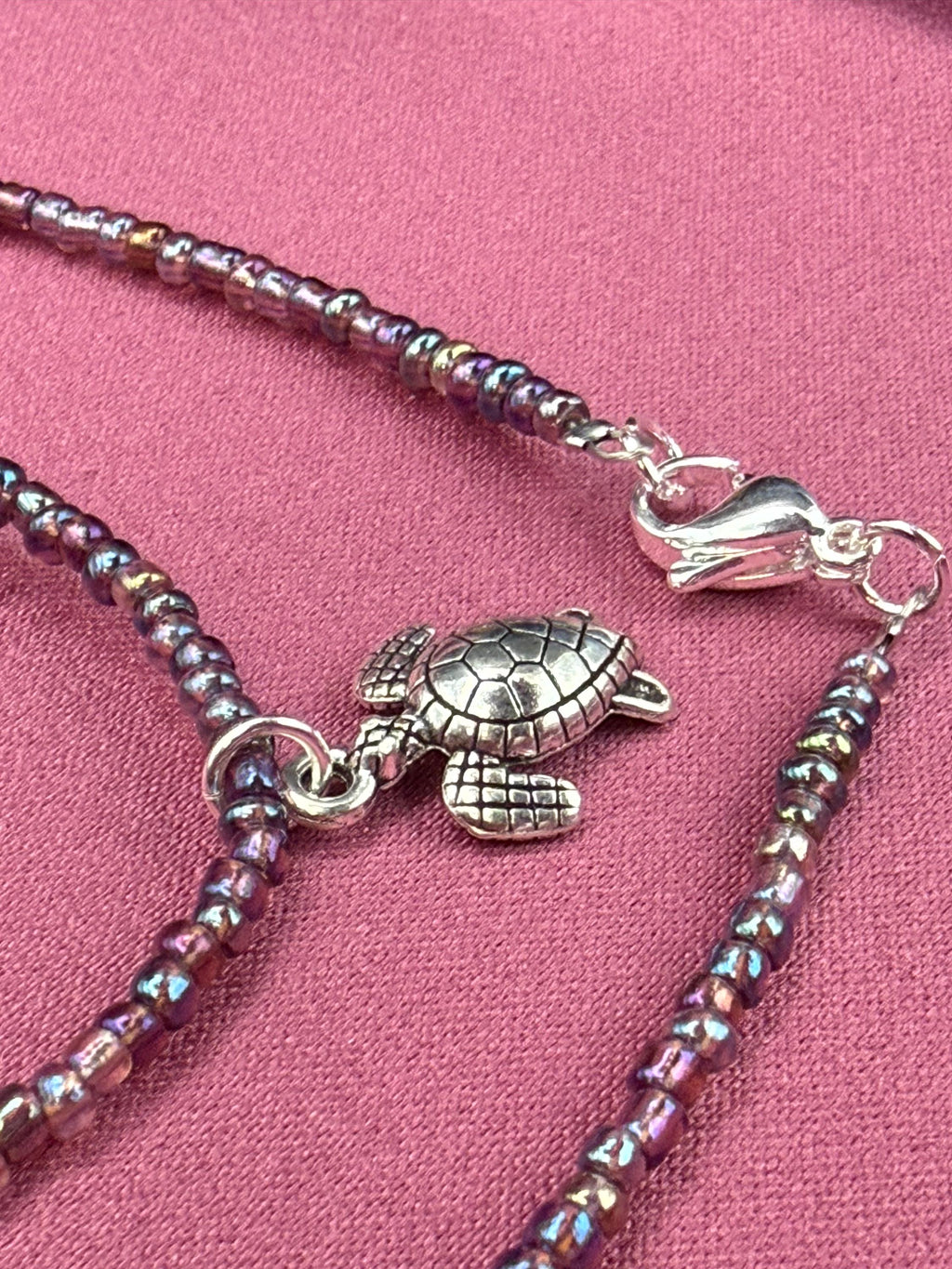Handmade Petrol Seed Bead Turtle Charm Necklace, Nature Inspired Jewellery