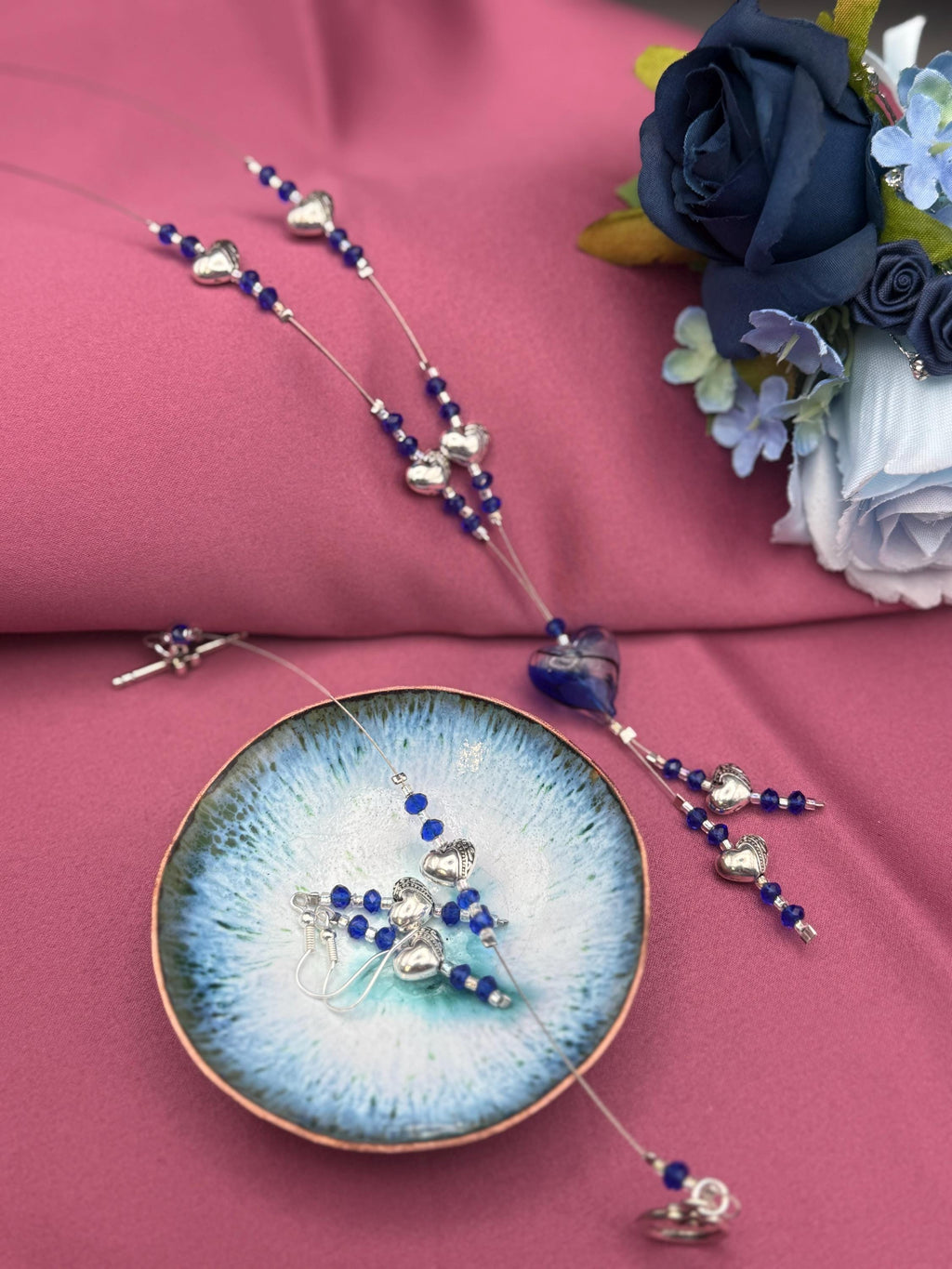 Handmade Blue Crystal Heart Jewellery Set | Necklace, Bracelet, Earrings | Silver-Tone Romantic UK