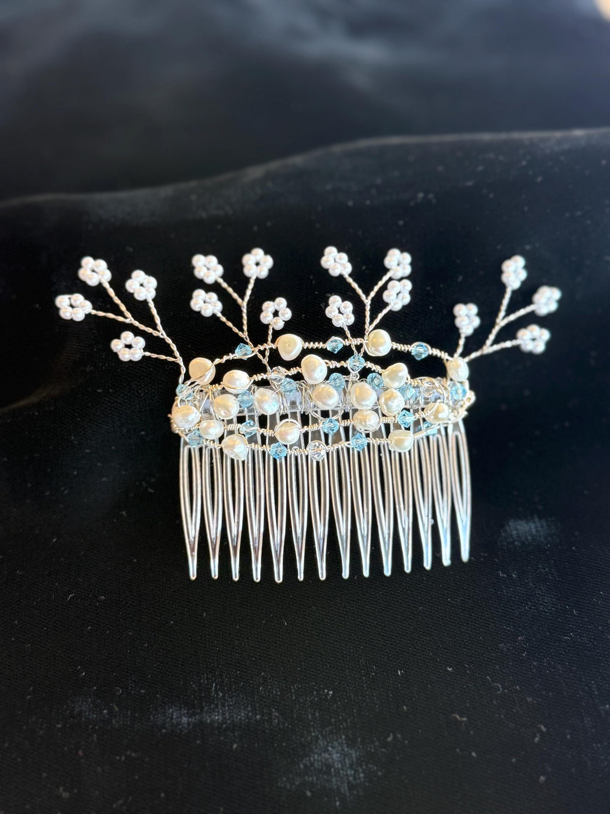 Handmade Pearl Blue Crystal Bridal Hair Comb | Elegant Wedding Accessory Something Blue