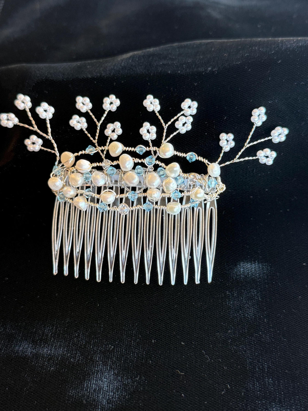 Handmade Pearl Blue Crystal Bridal Hair Comb | Elegant Wedding Accessory Something Blue