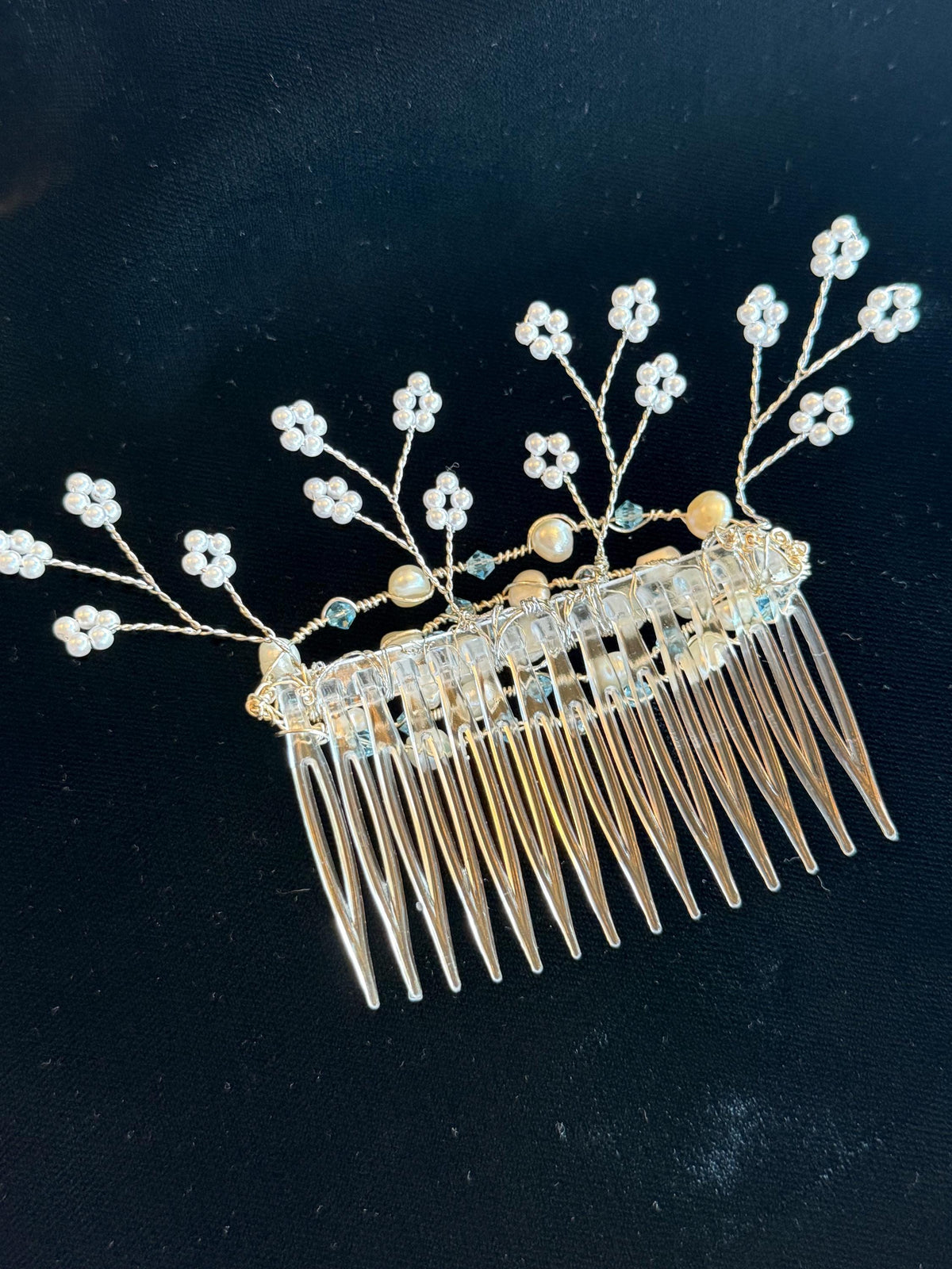 Handmade Pearl Blue Crystal Bridal Hair Comb | Elegant Wedding Accessory Something Blue