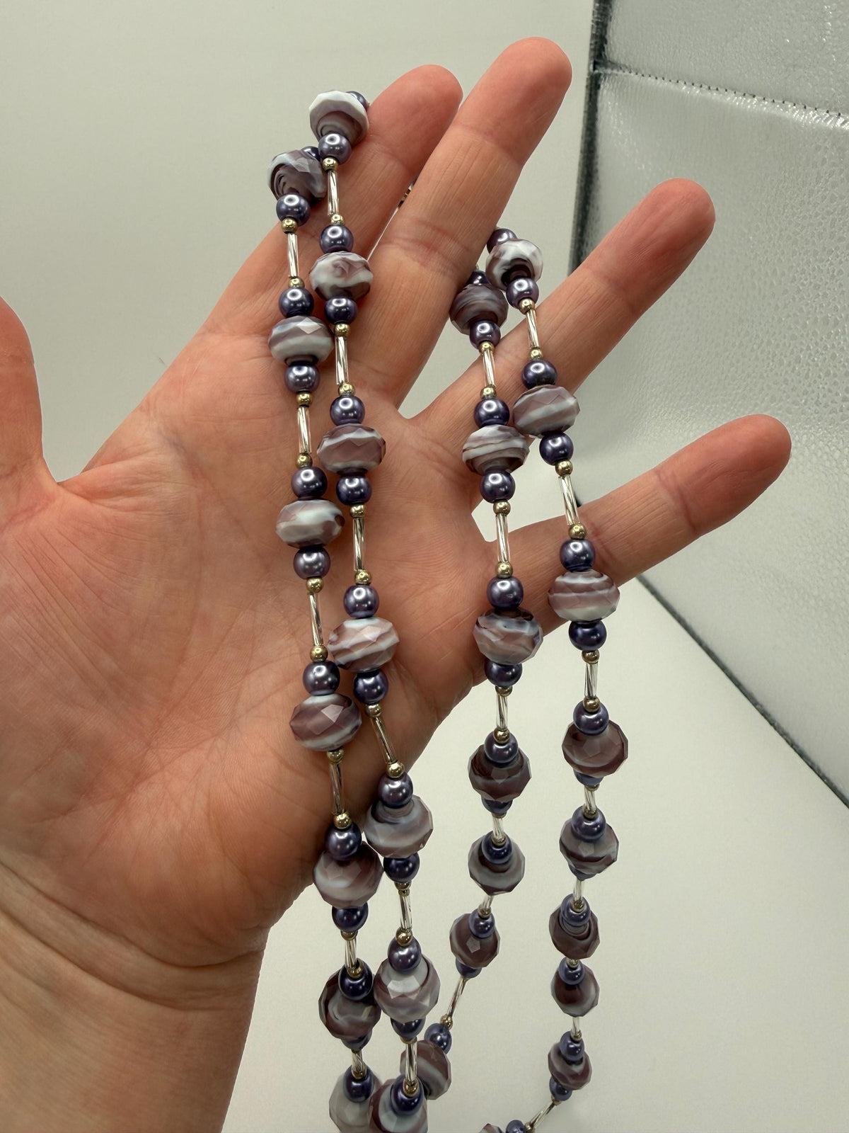 Marbled Purple Long Beaded Necklace - Statement Jewellery for her