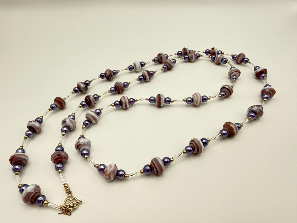 Marbled Purple Long Beaded Necklace - Statement Jewellery for her