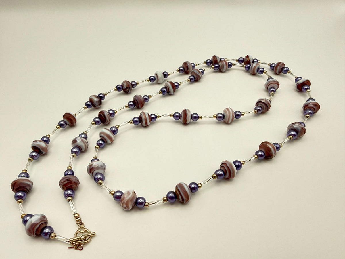 Marbled Purple Long Beaded Necklace - Statement Jewellery for her