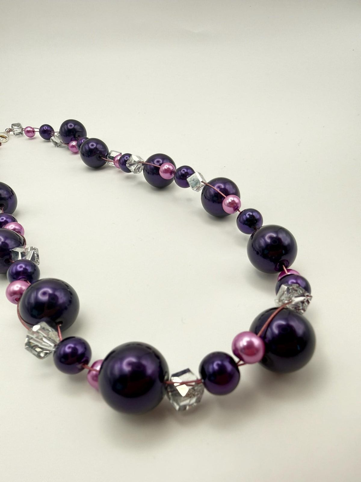 Handmade Purple Pink Pearl Effect Necklace | 18 Inch Chunky Crystal Accent Fashion Jewellery