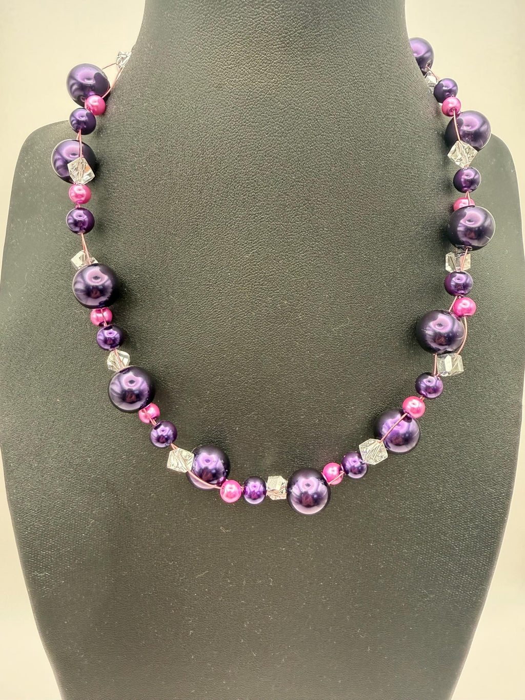 Handmade Purple Pink Pearl Effect Necklace | 18 Inch Chunky Crystal Accent Fashion Jewellery