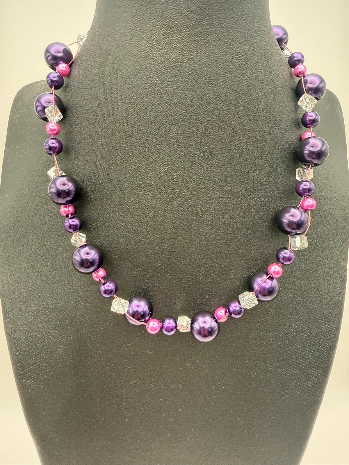 Handmade Purple Pink Pearl Effect Necklace | 18 Inch Chunky Crystal Accent Fashion Jewellery