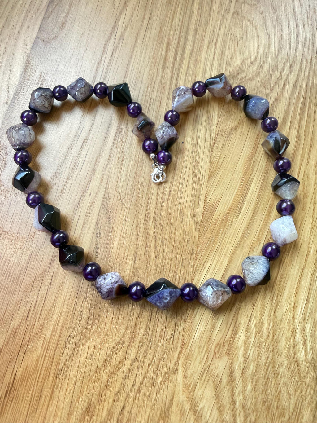 Handmade Purple Agate Glass Pearl Necklace, Sterling Silver Clasp