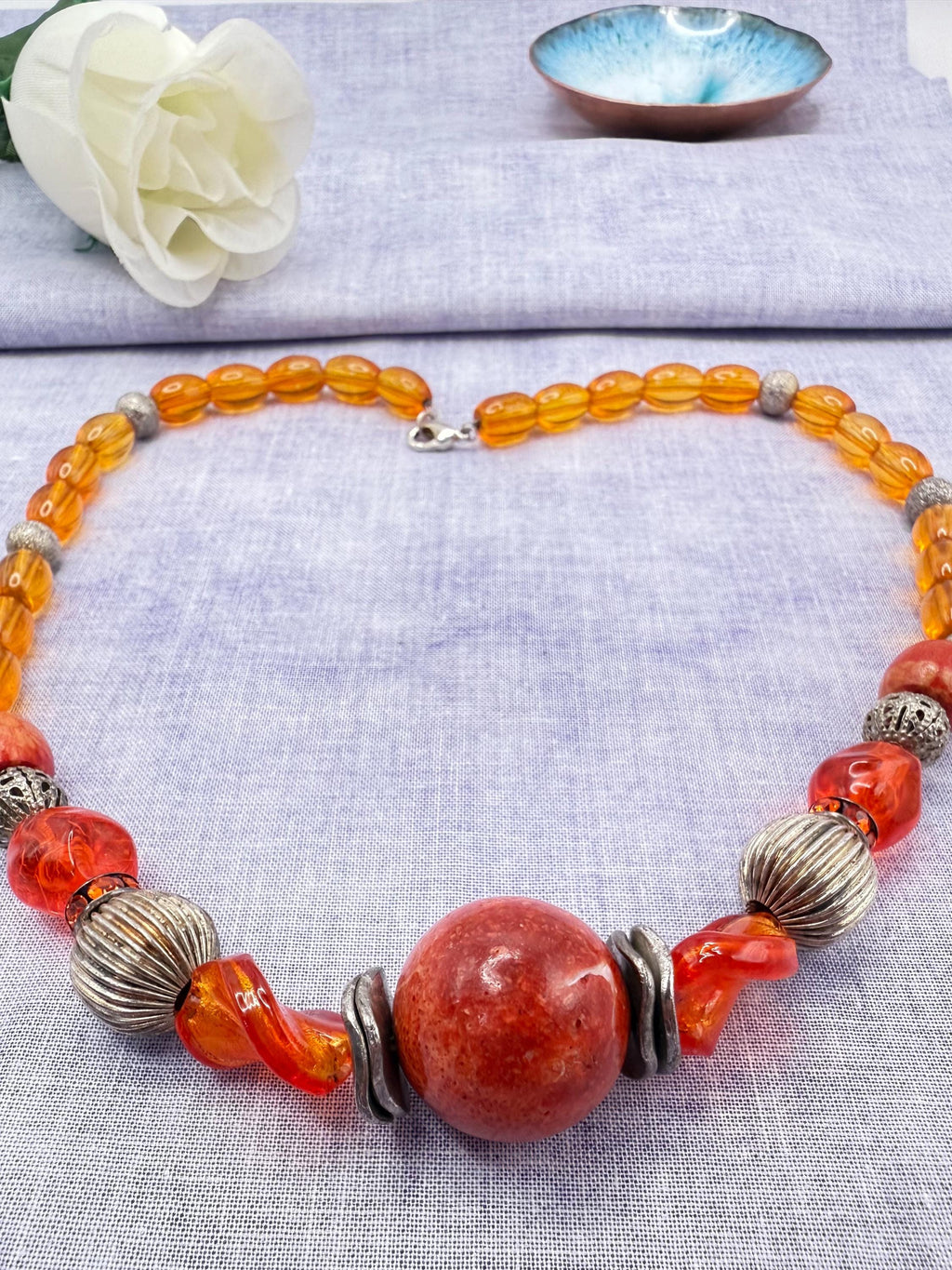 Amber Orange Statement Necklace | Handmade Warm-Toned Beaded Jewellery