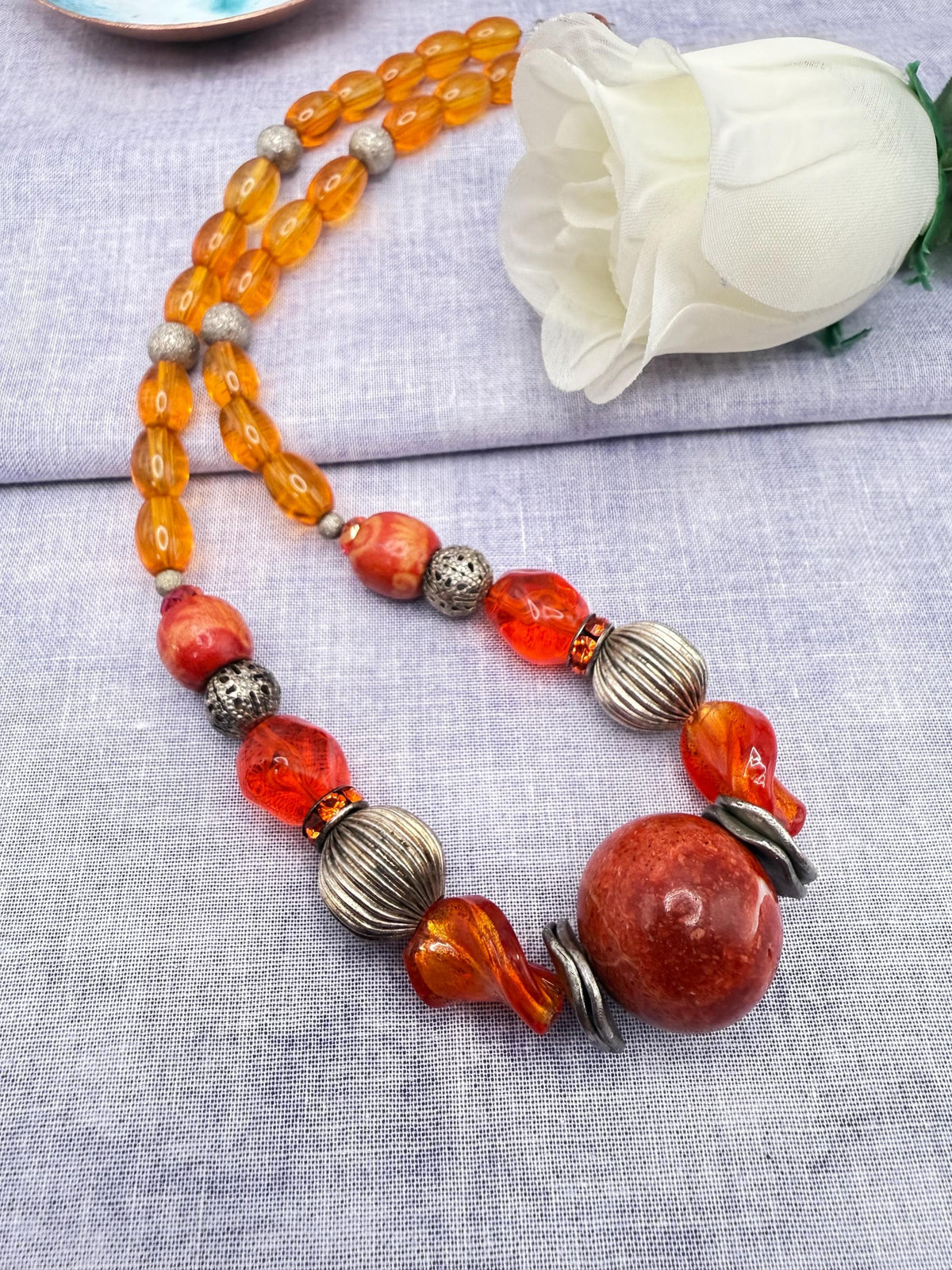 Amber Orange Statement Necklace | Handmade Warm-Toned Beaded Jewellery