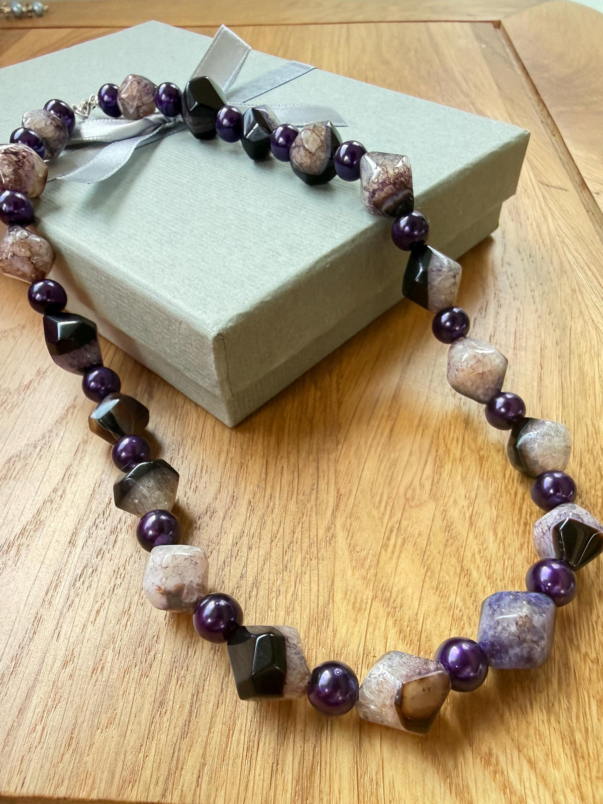 Handmade Purple Agate Glass Pearl Necklace, Sterling Silver Clasp