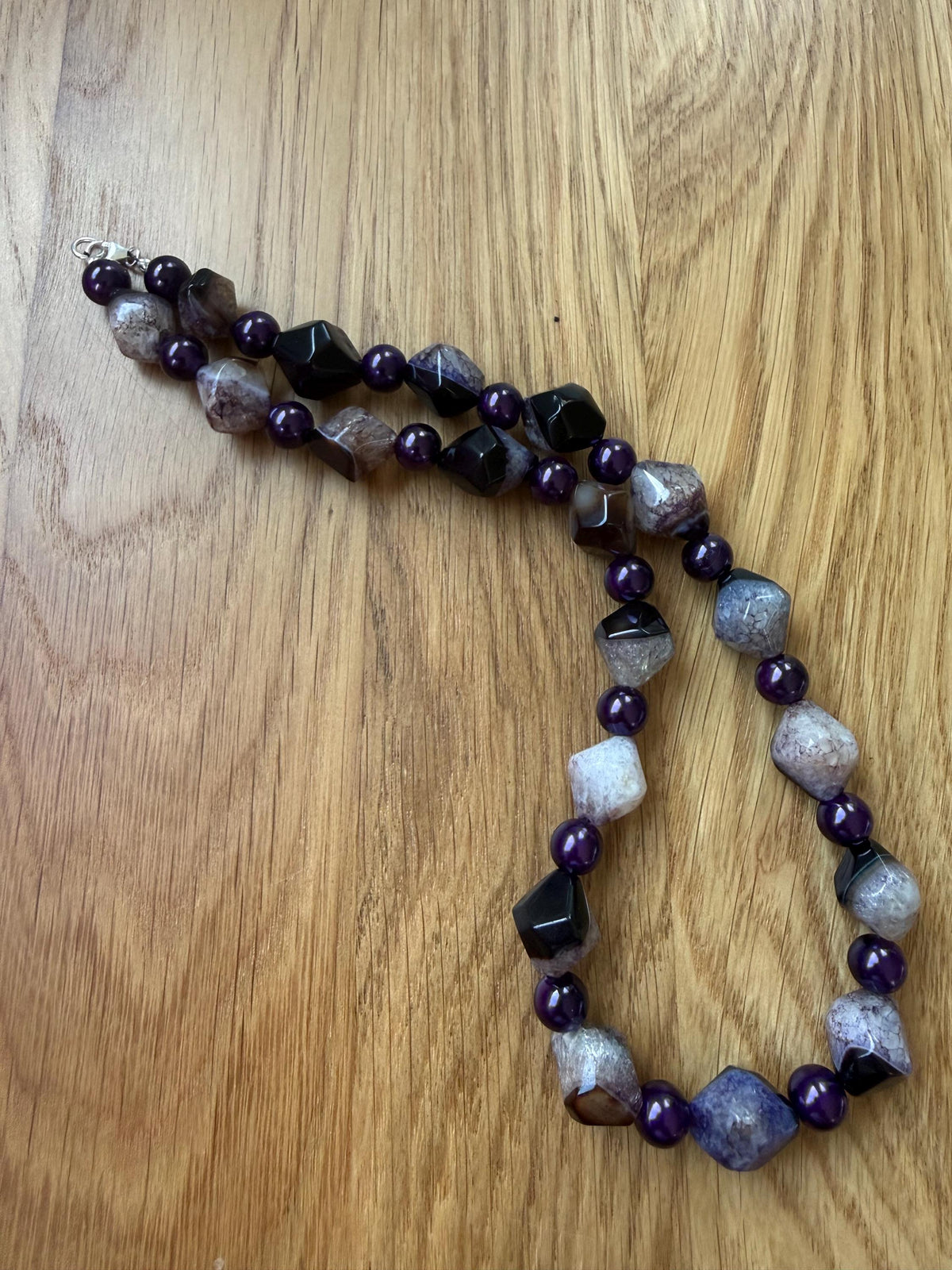 Handmade Purple Agate Glass Pearl Necklace, Sterling Silver Clasp