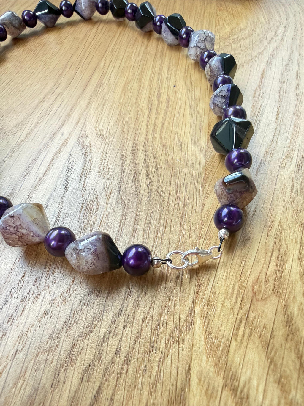 Handmade Purple Agate Glass Pearl Necklace, Sterling Silver Clasp